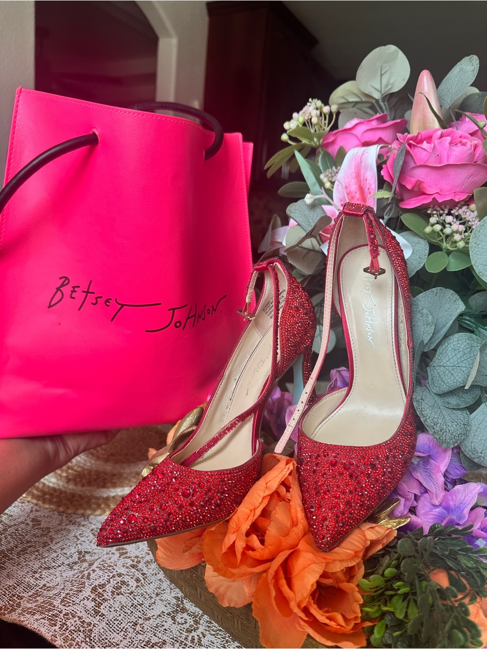 Betsey Johnson Red Crystal Pointed-Toe Ankle-Strap Pumps - Picture 2 of 4